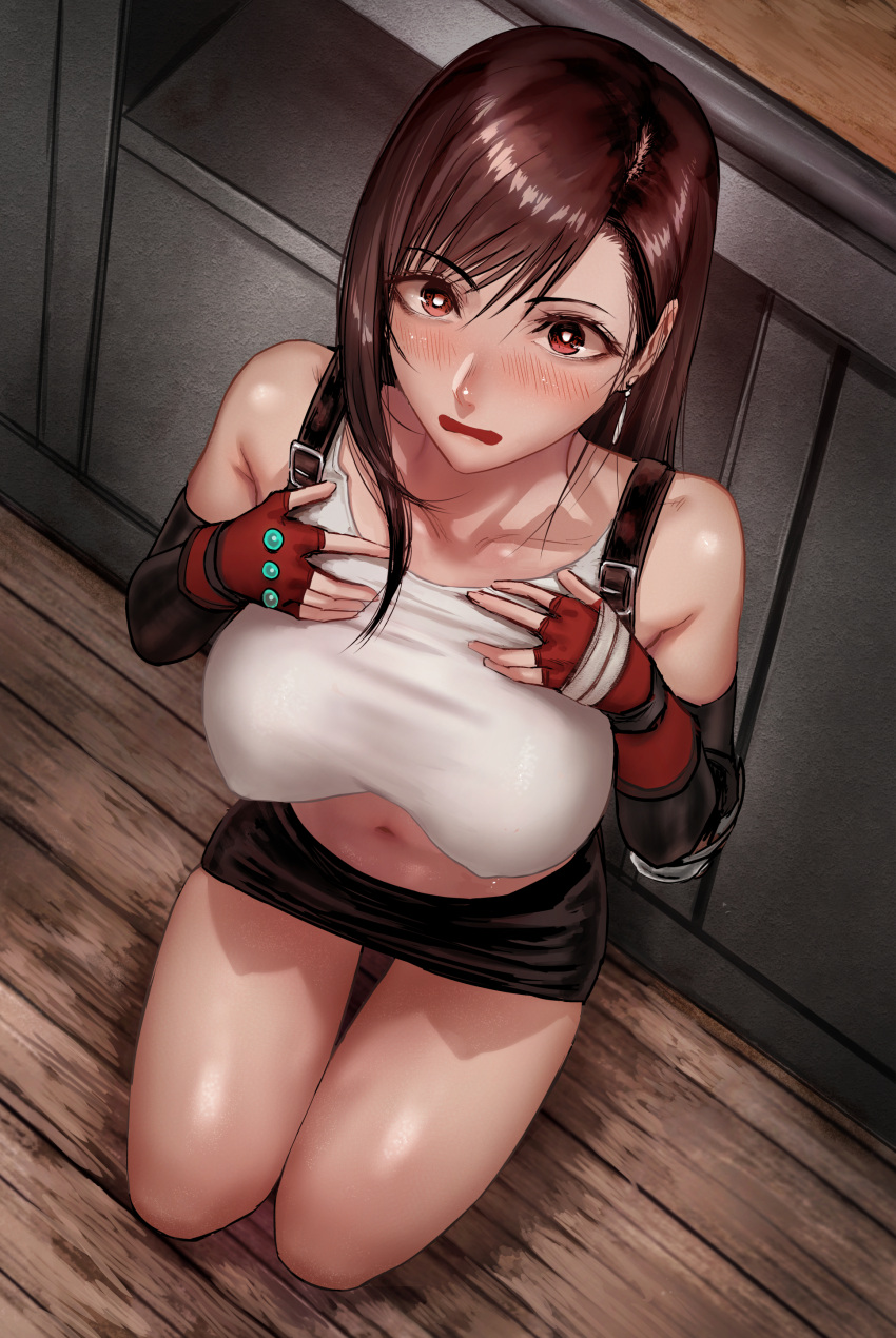 1girl absurdres black_skirt blush breasts brown_hair commentary_request crop_top earrings elbow_gloves elbow_pads final_fantasy final_fantasy_vii fingerless_gloves from_above gloves hands_on_own_chest highres indoors jewelry large_breasts long_hair looking_at_viewer miniskirt open_mouth red_eyes red_gloves sgk shirt skirt solo suspenders tank_top tifa_lockhart white_shirt wooden_floor