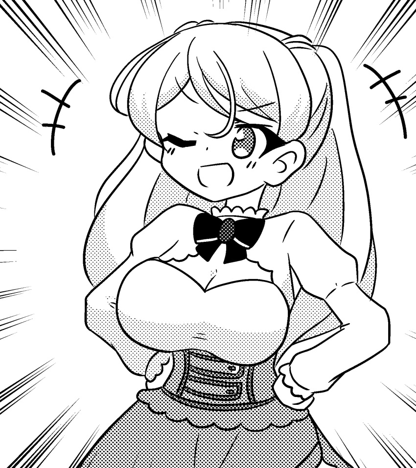 1girl armpit_cutout ben-day_dots bow bowtie breasts clothing_cutout conte_di_cavour_(kancolle) dress emphasis_lines greyscale hands_on_own_hips highres kantai_collection kinoshita_tsubomi large_breasts layered_dress monochrome one_eye_closed screentones smile solo two-tone_dress two_side_up v-shaped_eyebrows