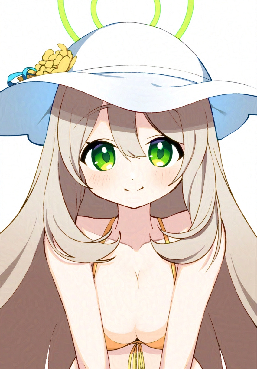 1girl bare_shoulders bikini blue_archive blush breasts brown_hair cleavage closed_mouth collarbone commentary_request flower front-tie_bikini_top front-tie_top green_eyes hair_between_eyes halo hat hat_flower highres large_breasts long_hair looking_at_viewer mei_mu nonomi_(blue_archive) nonomi_(swimsuit)_(blue_archive) simple_background smile solo swimsuit upper_body white_background white_headwear yellow_bikini yellow_flower