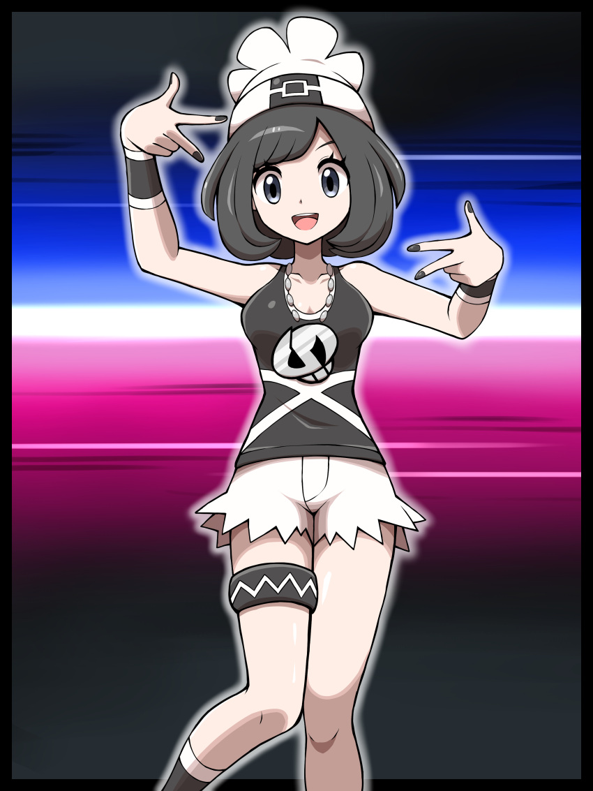 1girl :d absurdres arrow_(symbol) beanie black_hair black_nails black_shirt dialogue_box double_w eyelashes grey_eyes hands_up hat highres jewelry knees nail_polish necklace open_mouth poke_ball_symbol pokemon pokemon_(game) pokemon_sm selene_(pokemon) shabana_may shirt short_shorts shorts sleeveless sleeveless_shirt smile solo team_skull_uniform teeth thigh_strap tongue trainer_wants_to_battle upper_teeth_only w white_headwear white_shorts wristband