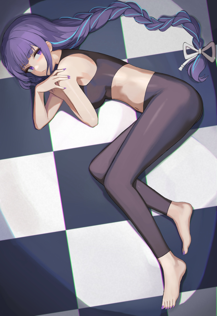 1girl absurdres ass bare_shoulders barefoot blue_hair blunt_bangs blush braid breasts checkered_floor commentary_request dolri feet genshin_impact highres legs long_hair looking_at_viewer lying midriff multicolored_hair nail_polish navel on_side pants purple_eyes purple_hair purple_nails raiden_shogun solo streaked_hair toenail_polish toenails toes very_long_hair yoga_pants