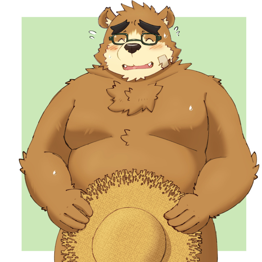 anthro bear belly blush brown_body brown_fur clothing covering covering_crotch embarrassed eyebrows eyewear fur glasses hat headgear headwear hi_res lifewonders male mammal moobs nude overweight straw_hat thick_eyebrows tokyo_afterschool_summoners volos yaki_atsuage