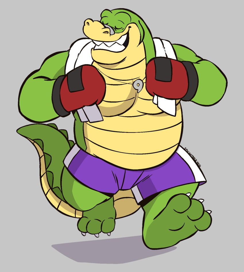 2023 alligator alligatorid anthro bottomwear boxing_gloves brok_(character) brok_the_investigator clothing crocodilian eyes_closed green_body handwear hi_res male moobs overweight overweight_male reptile scalie shorts simple_background solo syncrotrace towel towel_around_neck walking