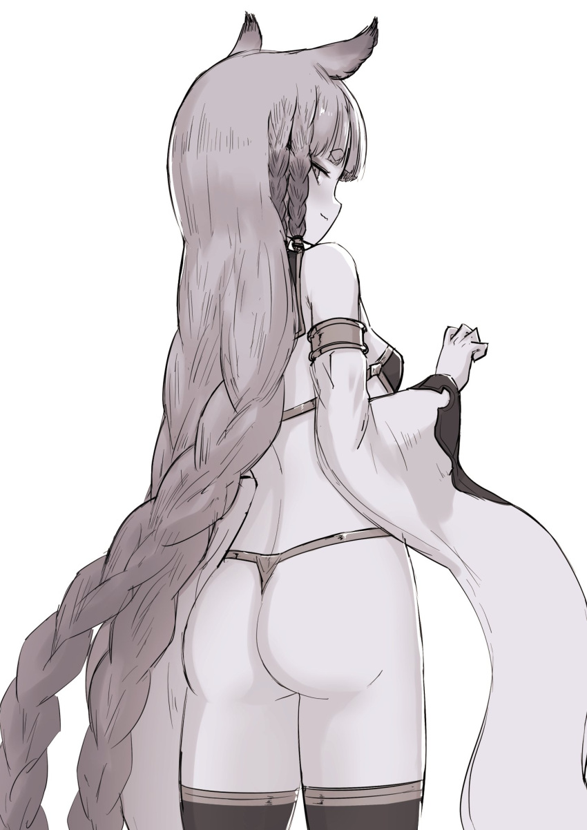 1girl animal_ears ass back bare_shoulders bikini blunt_bangs blush braid breasts erune eyeliner fox_ears granblue_fantasy greyscale highres long_hair looking_at_viewer looking_back makeup monochrome multiple_braids nosuku pholia short_eyebrows side_braids sidelocks small_breasts smile solo swimsuit thighhighs thighs very_long_hair