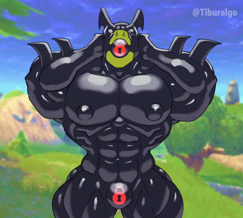 animated anthro ball_gag big_pecs black_body blue_body dragon drone dronesuit dronification epic_games fortnite gag gimp_mask hybrid_(fortnite) instant_loss_2koma instant_transformation jiggling latex lizard male mask muscular muscular_male null null_bulge pecs reprogramming reptile rubber scalie solo tiburalgo transformation