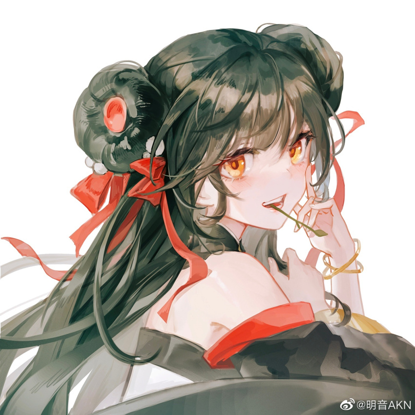 1girl bare_shoulders black_hair bracelet commentary_request double_bun from_side girls'_frontline girls'_frontline_neural_cloud hair_bun hair_ornament hair_ribbon highres jewelry jiangyu_(girls'_frontline_nc) long_hair looking_at_viewer mingyin_akn mouth_hold off_shoulder open_mouth orange_eyes red_ribbon ribbon simple_background smile solo type_97_(girls'_frontline) upper_body weibo_username white_background