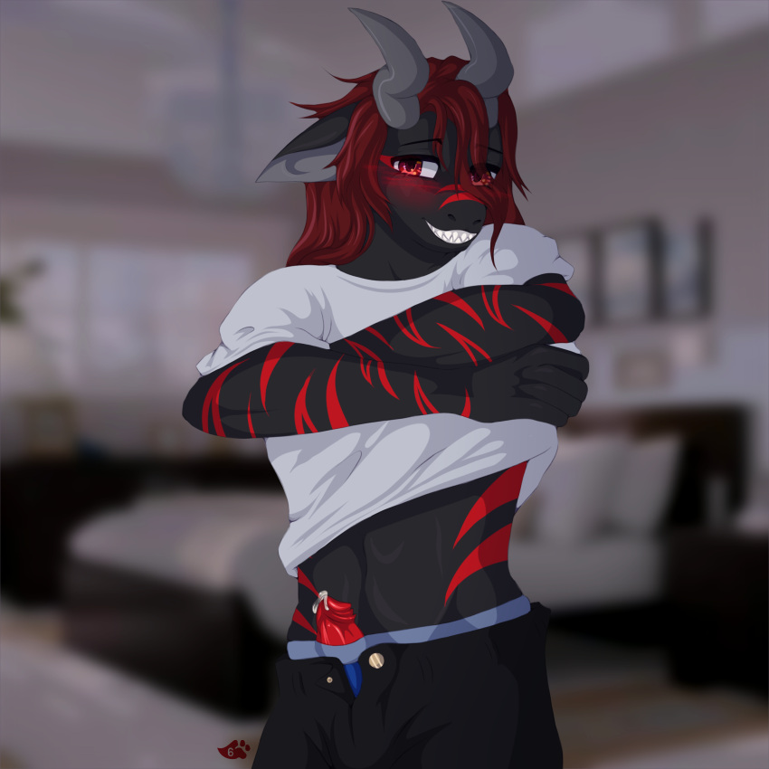 absurd_res anthro aroused black_body blush bodily_fluids cel_shading clothing dragon genital_fluids genitals hair hi_res horn long_hair looking_at_viewer male penis precum red_eyes red_hair scalie shaded sharp_teeth shirt smile smiling_at_viewer softpaws_6 solo solo_focus striped_body stripes substance_intoxication teeth topwear white_clothing white_shirt white_topwear