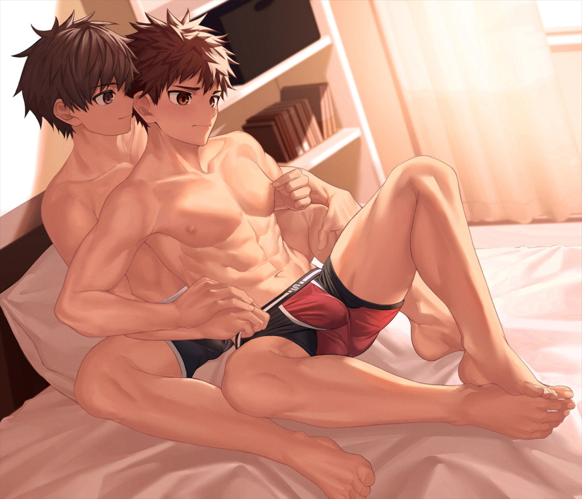 2boys abs barefoot bed behind_another between_legs black_male_underwear blush bookshelf boxer_briefs brown_eyes brown_hair bulge collarbone curtains dutch_angle feet hand_on_another's_hand highres knee_up knees_apart_feet_together light_frown light_smile looking_at_another male_focus male_underwear multicolored_male_underwear multiple_boys nayoshi_(r-744) nipple_tweak nipples on_bed original pectorals pillow profile purple_eyes red_male_underwear short_hair sitting spiked_hair spread_legs sunlight toned toned_male underwear underwear_only window yaoi