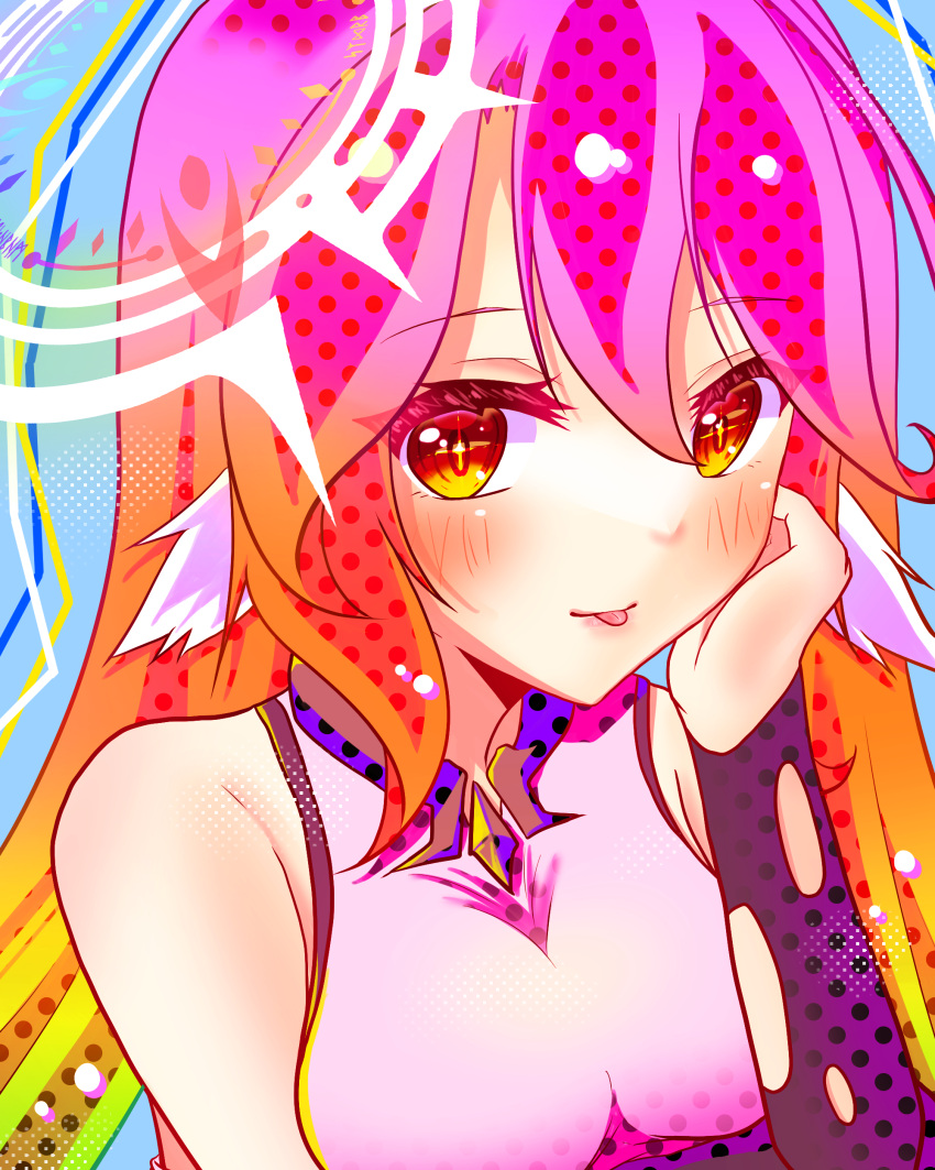 1girl :p absurdres animal_ears bird_ears breast_hold breasts commentary_request compass_rose_halo crop_top gloves gradient_eyes gradient_hair hair_between_eyes halo highres jibril_(no_game_no_life) large_breasts long_hair looking_at_viewer magic_circle multicolored_eyes multicolored_hair naughty_face no_game_no_life non_izuna orange_eyes pink_hair smile solo tongue tongue_out wing_ears yellow_eyes