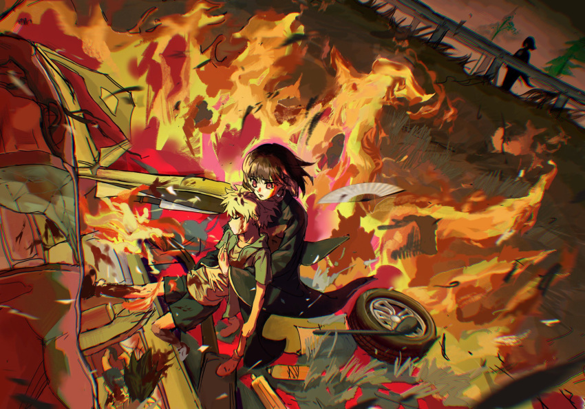 3boys black_kimono car carrying corpse crash death dragging fire gon_freecss green_hair hand_fan highres holding hunter_x_hunter jacket japanese_clothes kalluto_zoldyck killua_zoldyck kimono long_sleeves male_child male_focus markisabsolute2 medium_hair motor_vehicle multiple_boys red_eyes shirt short_hair spiked_hair unconscious white_hair white_shirt