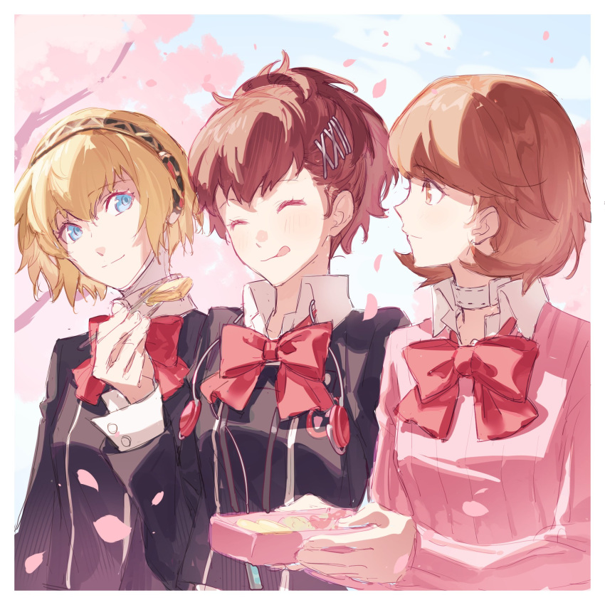 3girls :q aegis_(persona) bento black_jacket blonde_hair blue_eyes bow bowtie brown_eyes brown_hair cherry_blossoms choker chopsticks closed_eyes day food gekkoukan_high_school_uniform hair_ornament hairclip highres holding holding_chopsticks jacket long_sleeves multiple_girls outdoors persona persona_3 persona_3_portable petals ponytail school_uniform shiomi_kotone shirt short_hair sky takeba_yukari tongue tongue_out tsubsa_syaoin white_choker white_shirt