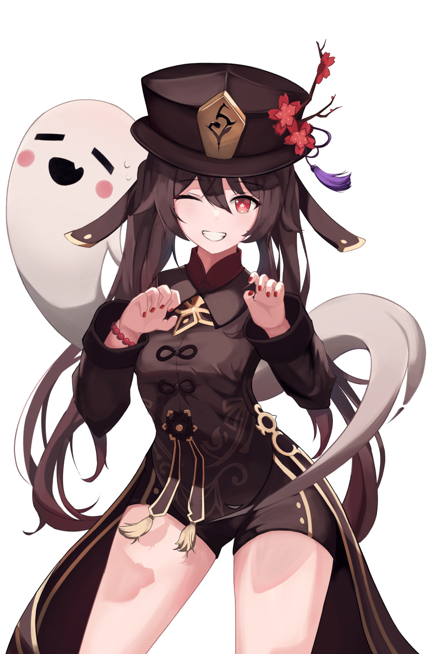 1girl absurdres bead_bracelet beads bracelet brown_coat brown_hair brown_headwear brown_shorts coat coattails cowboy_shot flower flower-shaped_pupils genshin_impact ghost grin hat hat_flower hat_tassel highres hu_tao_(genshin_impact) jewelry long_hair long_sleeves looking_at_viewer one_eye_closed orange_eyes red_nails rensy shorts simple_background smile solo symbol-shaped_pupils thighs twintails white_background