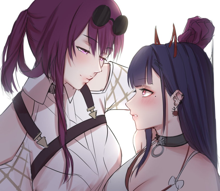 2girls absurdres akuma_nihmune blush breasts closed_mouth eyewear_on_head highres honkai:_star_rail honkai_(series) horns indie_virtual_youtuber kabedon kafka_(honkai:_star_rail) mole mole_under_eye multiple_girls parted_lips pink_eyes purple_eyes purple_hair virtual_youtuber yiotaart yuri