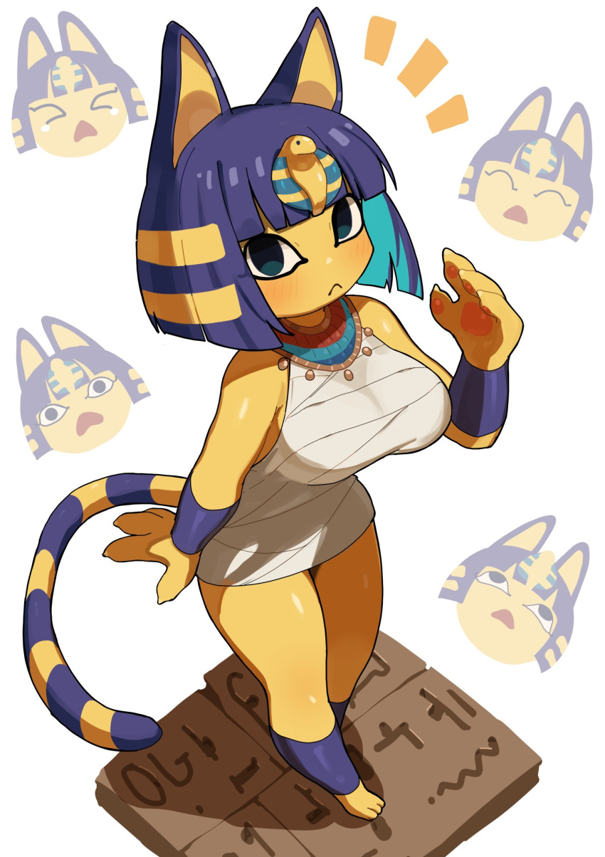 1girl :&lt; animal_crossing animal_ears ankha_(animal_crossing) aqua_hair bandages bare_shoulders black_eyes blue_hair blunt_bangs blush bob_cut body_fur breasts cat_ears cat_girl cat_tail closed_mouth colored_inner_hair colored_skin dress egyptian egyptian_clothes frown furry furry_female greentanuki hair_ornament hieroglyphics highres large_breasts looking_at_viewer medium_hair multicolored_hair pencil_dress short_dress snake_hair_ornament solo striped_tail tail tsurime white_dress yellow_fur yellow_skin