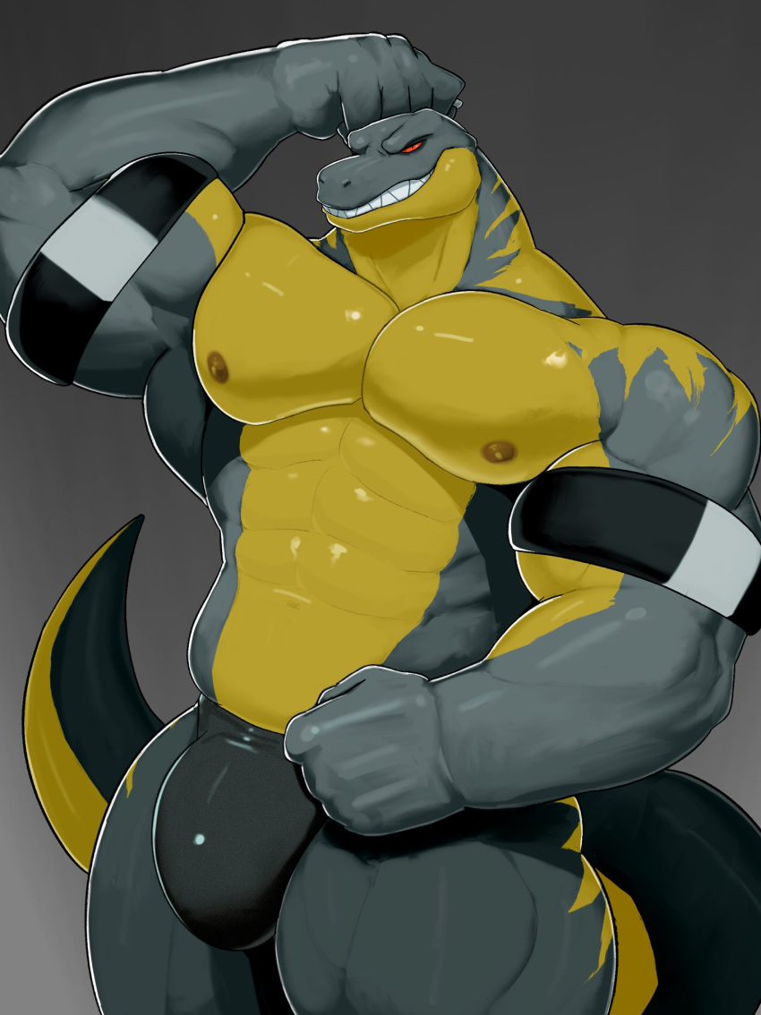 anthro big_muscles big_pecs bulge clothed clothing dinosaur front_view grey_body grey_scales grin hi_res huge_muscles jockstrap jockstrap_only male muscular muscular_anthro muscular_male muscular_thighs mymu666 pecs red_eyes reptile scales scalie sharp_teeth smile solo teeth theropod thick_thighs topless tyrannosaurid tyrannosaurus tyrannosaurus_rex underwear underwear_only yellow_body yellow_scales