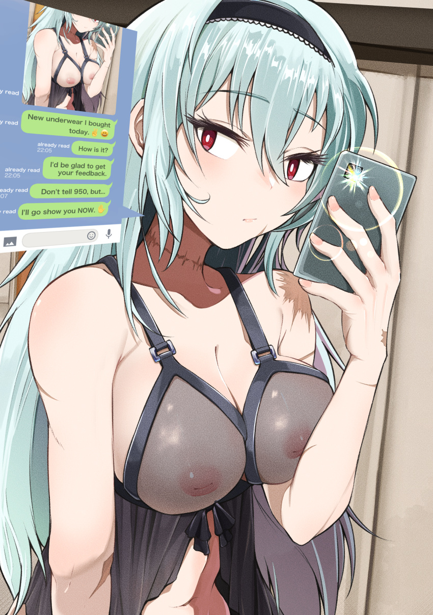 1girl absurdres alternate_language babydoll black_babydoll blue_hair breasts cleavage closed_mouth collarbone commentary_request covered_nipples english_text girls'_frontline hair_between_eyes hairband highres holding holding_phone inverted_nipples kuzumotsu large_breasts lingerie long_hair looking_at_viewer midriff multiple_scars navel nipples partial_commentary phone red_eyes scar scar_on_neck see-through see-through_shirt selfie solo thunder_(girls'_frontline) underwear