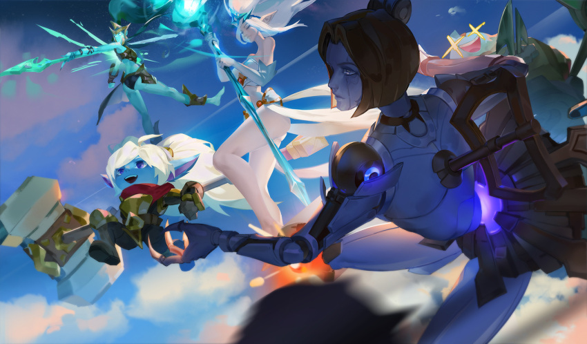 1boy 4girls ass bare_shoulders barefoot blonde_hair blue_sky closed_mouth cloud colored_skin day dress from_side green_skin hammer holding holding_hammer holding_polearm holding_staff holding_weapon huge_weapon janna_(league_of_legends) kalista l+_(colour0816) league_of_legends long_hair multiple_girls orianna_(league_of_legends) outdoors polearm ponytail poppy_(league_of_legends) robot rumble_(league_of_legends) short_hair sky smile staff tiara twintails weapon white_dress white_hair yordle
