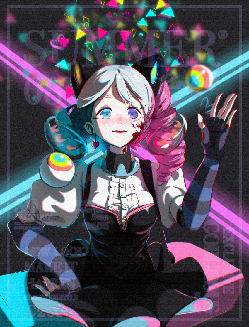 1girl absurdres animal_ears blood blood_on_face blue_eyes blue_hair blush chromatic_aberration czero_czero drill_hair earrings elbow_gloves fingerless_gloves gloves gradient_hair grey_hair heart heart_earrings heterochromia highres jewelry long_hair looking_ahead multicolored_hair open_mouth original pink_hair puffy_sleeves purple_eyes short_sleeves sitting smile solo striped striped_gloves teeth twin_drills upper_teeth_only