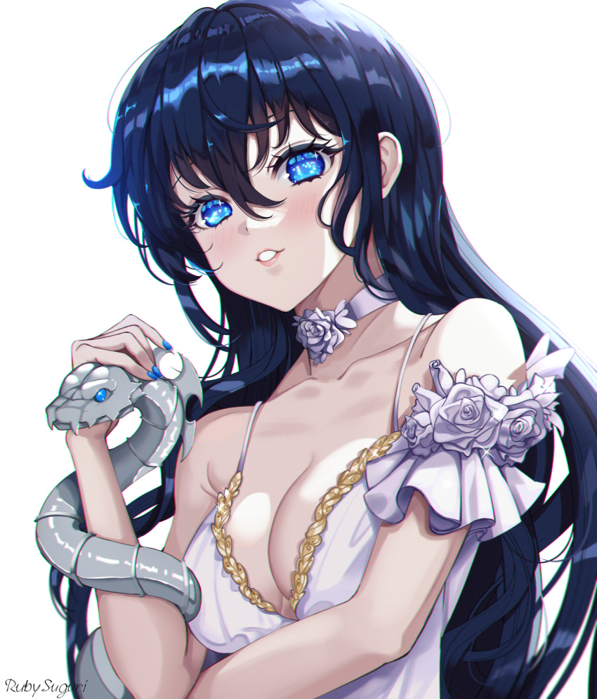 1girl arm_under_breasts black_hair blue_eyes blue_nails breasts cleavage collarbone dress flower hair_between_eyes highres long_hair neck_flower neck_ribbon original parted_lips ribbon rose ruby_suguri signature snake solo sparkling_eyes upper_body white_dress white_flower white_ribbon white_rose