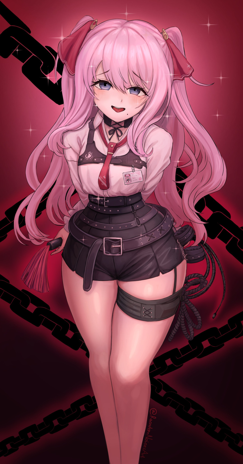 1girl absurdres belt bondage_outfit boots chain english_commentary flat_chest goddess_of_victory:_nikke highres holding holding_whip mole mole_under_mouth open_mouth pink_hair randomnoisesart solo thick_thighs thighs tongue tongue_out twintails whip yuni_(nikke)