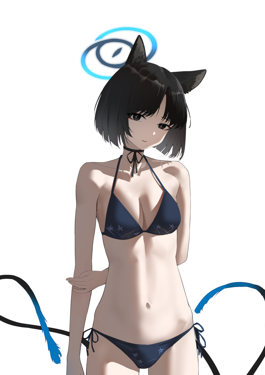 1girl absurdres animal_ears arm_behind_back bikini black_bikini black_choker black_hair blue_archive blue_halo bob_cut breasts cat_ears cat_girl cat_tail choker closed_mouth collarbone halo highres hitomi_(tongshou) kikyou_(blue_archive) long_hair looking_at_viewer medium_breasts multiple_tails navel ribbon_choker side-tie_bikini_bottom simple_background smile solo swimsuit tail white_background