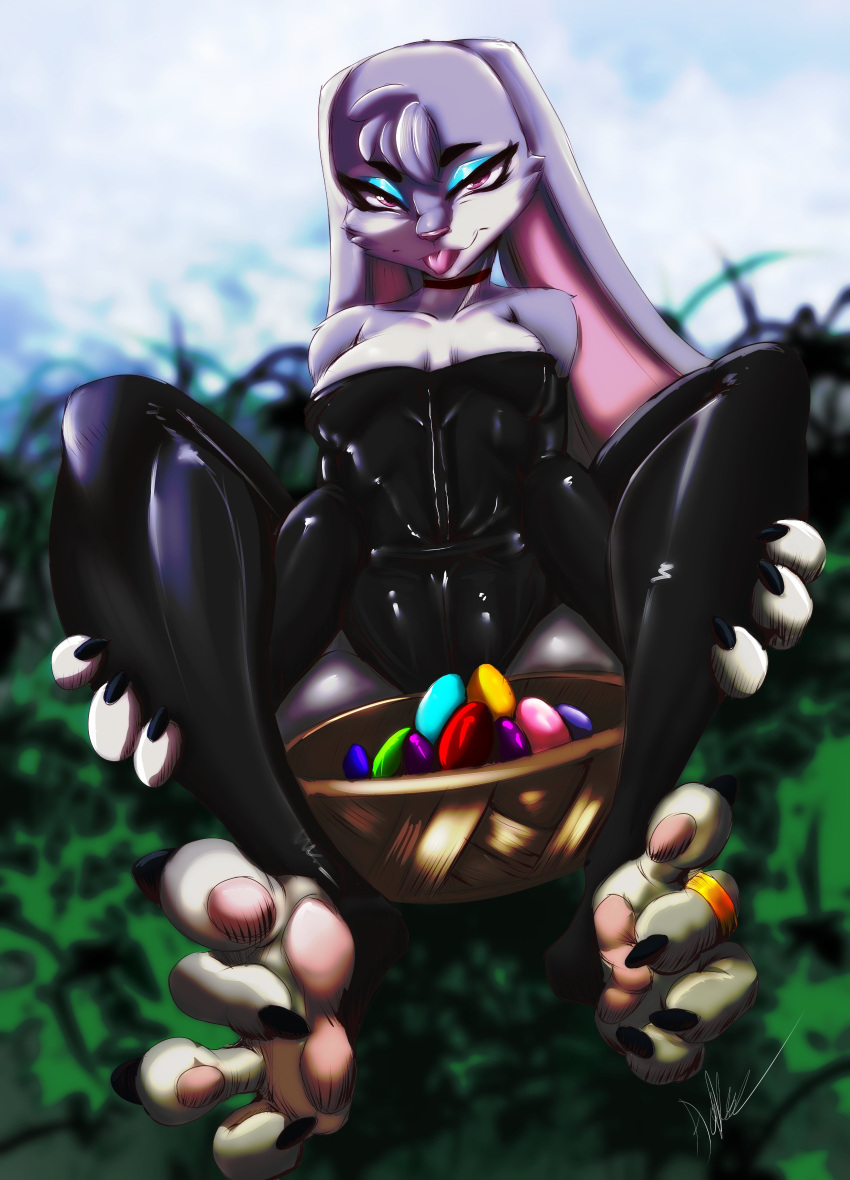 2023 4_fingers 4_toes absurd_res anthro aokizu barefoot basket bedroom_eyes black_clothing black_legwear black_leotard breasts choker cleavage clothed clothing container digit_ring digital_drawing_(artwork) digital_media_(artwork) disney easter easter_basket easter_egg eyelashes feet female fingers fur grass grey_body grey_fur hands_on_legs head_tuft hi_res holidays jewelry judy_hopps lagomorph latex_clothing legwear leotard leporid looking_at_viewer mammal medium_breasts narrowed_eyes necklace outside pawpads pink_pawpads plant rabbit ring ring_(jewelry) seductive sitting solo spread_legs spreading toe_ring toeless_legwear toeless_stockings toes tongue tongue_out tow_claws tuft zootopia