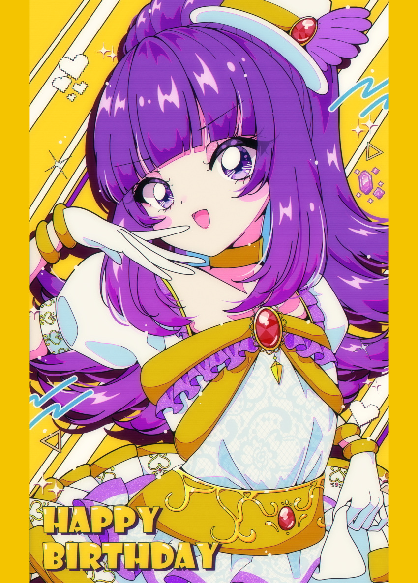 1girl :d absurdres blunt_bangs blush commentary_request dress gem gloves gold_trim hanazono_shuka hand_up happy_birthday hat highres idol_clothes idol_time_pripara long_hair looking_at_viewer milon_cas mini_hat open_mouth ponytail pretty_series pripara purple_eyes purple_hair red_gemstone retro_artstyle smile solo upper_body white_dress white_gloves white_headwear yellow_background