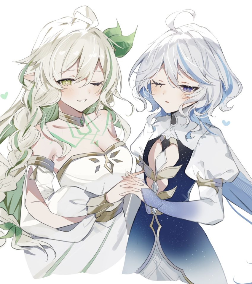 2girls bare_shoulders blue_brooch blue_hair blush breasts cleavage detached_sleeves dress drop-shaped_pupils focalors_(genshin_impact) genshin_impact gold_choker gold_collar gradient_dress green_eyes hair_between_eyes hair_ornament highres holding_hands juliet_sleeves leaf_hair_ornament light_blue_hair long_hair long_sleeves medium_breasts multicolored_hair multiple_girls one_eye_closed parted_lips pointy_ears puffy_sleeves rukkhadevata_(genshin_impact) smile sorani_(kaeru0768) spoilers two-tone_dress very_long_hair white_background white_dress white_hair