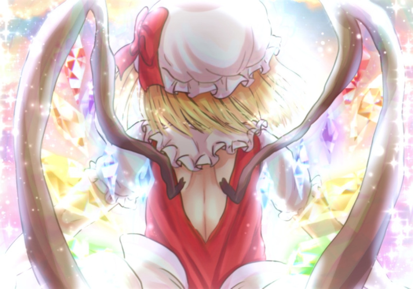 1girl back_bow backless_outfit blonde_hair bow commentary crystal facing_away flandre_scarlet frilled_shirt_collar frilled_sleeves frills glowing glowing_wings hat hat_bow medium_hair mob_cap multicolored_wings puffy_short_sleeves puffy_sleeves red_bow red_vest sacchan_happy shirt short_sleeves solo symbol-only_commentary touhou upper_body vest white_bow white_headwear white_shirt wings