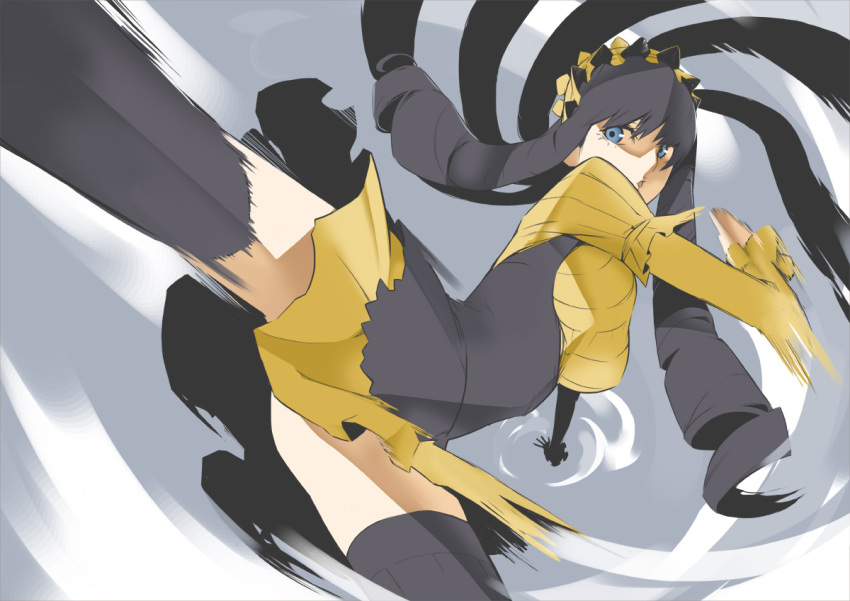 1girl 404_(artist) air_current apron ass_visible_through_thighs black_apron black_hair black_thighhighs blue_eyes breasts commentary_request dress feet_out_of_frame frilled_hairband frills grey_background hairband high_kick kicking kumokawa_maria large_breasts long_hair long_sleeves maid maid_apron maid_headdress motion_blur motion_lines parted_lips perspective ringlets short_dress sidelocks solo thighhighs toaru_majutsu_no_index toaru_majutsu_no_index:_new_testament very_long_hair visible_air yellow_dress yellow_hairband yellow_headwear zettai_ryouiki