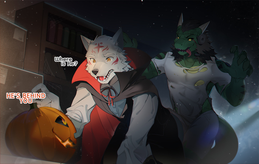 5_fingers anthro canid canine claws clothed clothing english_text fangs fingers fur green_body group halloween holidays horn jack-o'-lantern kurulz male mammal open_mouth scalie tail teeth text tongue tongue_out torn_clothing trio
