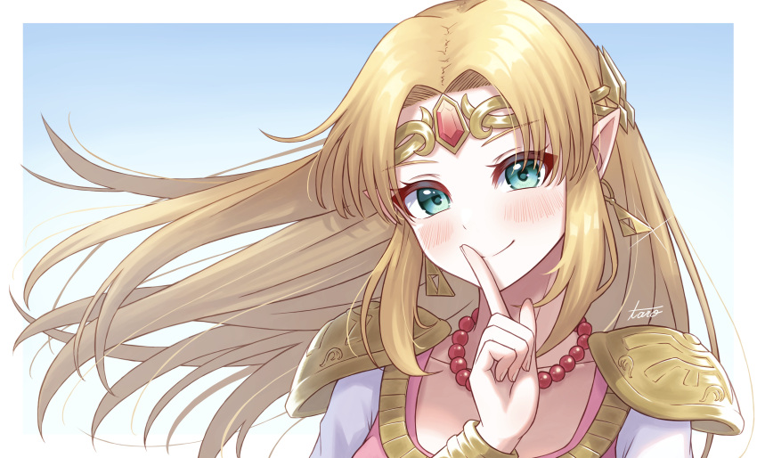 1girl absurdres blonde_hair blush circlet closed_mouth earrings finger_to_mouth green_eyes highres jewelry long_hair looking_at_viewer necklace pointy_ears portrait princess_zelda smile solo super_smash_bros. taro_(peach_taro51) the_legend_of_zelda the_legend_of_zelda:_a_link_between_worlds the_legend_of_zelda:_a_link_to_the_past