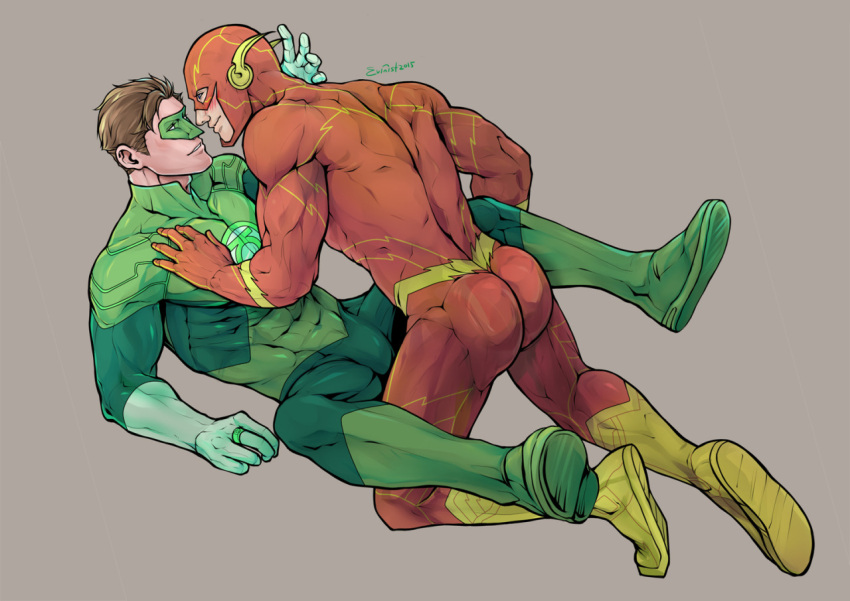 2boys artist_name ass bara barry_allen bodysuit boots brown_hair closed_mouth couple dc_comics evinist gloves green_bodysuit green_lantern green_lantern_(series) grey_background hal_jordan jewelry large_pectorals male_focus mask multiple_boys muscular muscular_male pectorals red_bodysuit ring short_hair simple_background smile the_flash the_flash_(series) yaoi