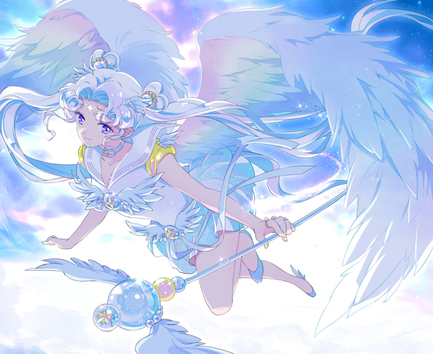 bare_legs bishoujo_senshi_sailor_moon choker closed_mouth double_bun dress facial_mark feathered_wings flying forehead_mark full_body hair_bun hair_ornament jewelry long_hair parted_bangs purple_eyes ring sailor_collar sailor_cosmos saki_(hxaxcxk) short_dress short_sleeves staff twintails very_long_hair white_choker white_dress white_hair white_sailor_collar white_wings wings