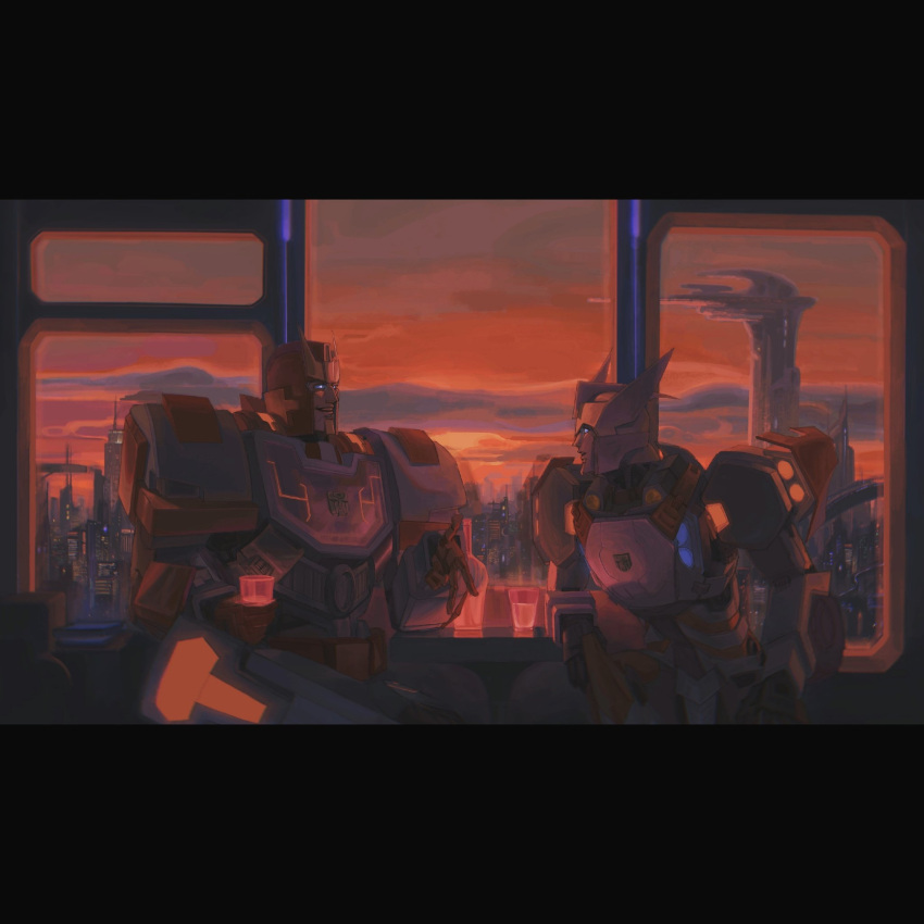 2boys autobot blue_eyes building city cloud commentary cup drift_(transformers) english_commentary highres holding holding_cup letterboxed male_focus mecha multiple_boys no_humans ratchet_(transformers) robot science_fiction sitting skyscraper smile sunset table ting_(u4lo6) transformers window