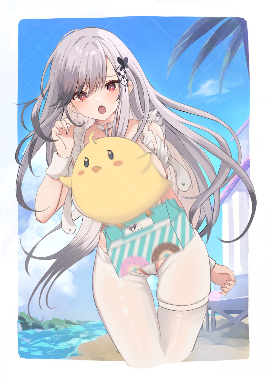 1girl absurdres alternate_costume ass_visible_through_thighs asymmetrical_bangs azur_lane box breasts butterfly_hair_ornament choker commission cosplay cowboy_shot crotchless crotchless_pantyhose day dunkerque_(azur_lane) dutch_angle gift gift_box grey_hair groin hair_ornament hair_spread_out hand_up highres le_malin_(azur_lane) le_malin_(azur_lane)_(cosplay) le_malin_(listless_lapin)_(azur_lane) leotard long_hair looking_at_viewer manjuu_(azur_lane) marekamico o-ring o-ring_choker official_alternate_costume open_mouth outdoors pantyhose red_eyes sidelocks skeb_commission skindentation thigh_gap thighs white_pantyhose white_wrist_cuffs wrist_cuffs