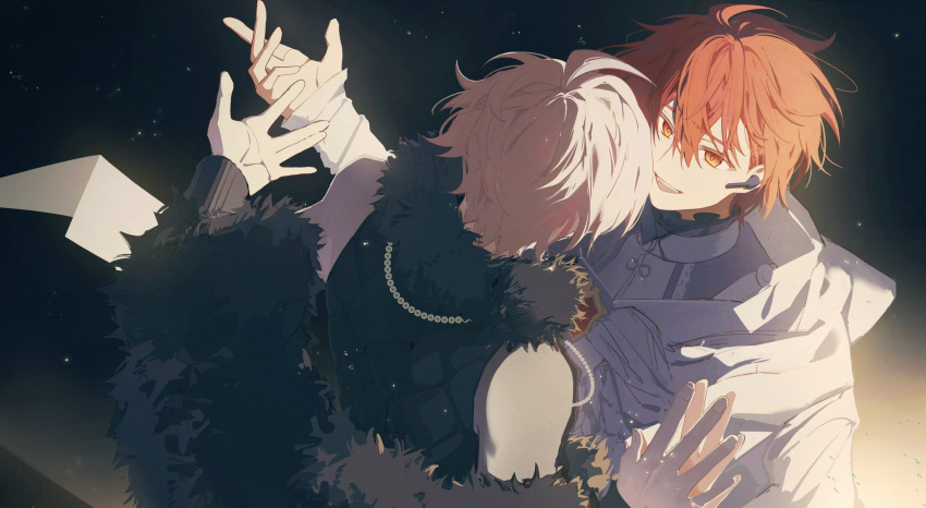 25d03427899 2boys ahoge black_background black_jacket black_shirt brothers brown_background cloak facing_another fur-trimmed_jacket fur-trimmed_shirt fur_trim grey_shirt headset highres idolish7 jacket jacket_partially_removed kujou_tenn long_sleeves male_focus multicolored_background multiple_boys nanase_riku official_alternate_costume pink_hair red_eyes red_hair shirt siblings sleeveless sleeveless_shirt turtleneck twins white_cloak