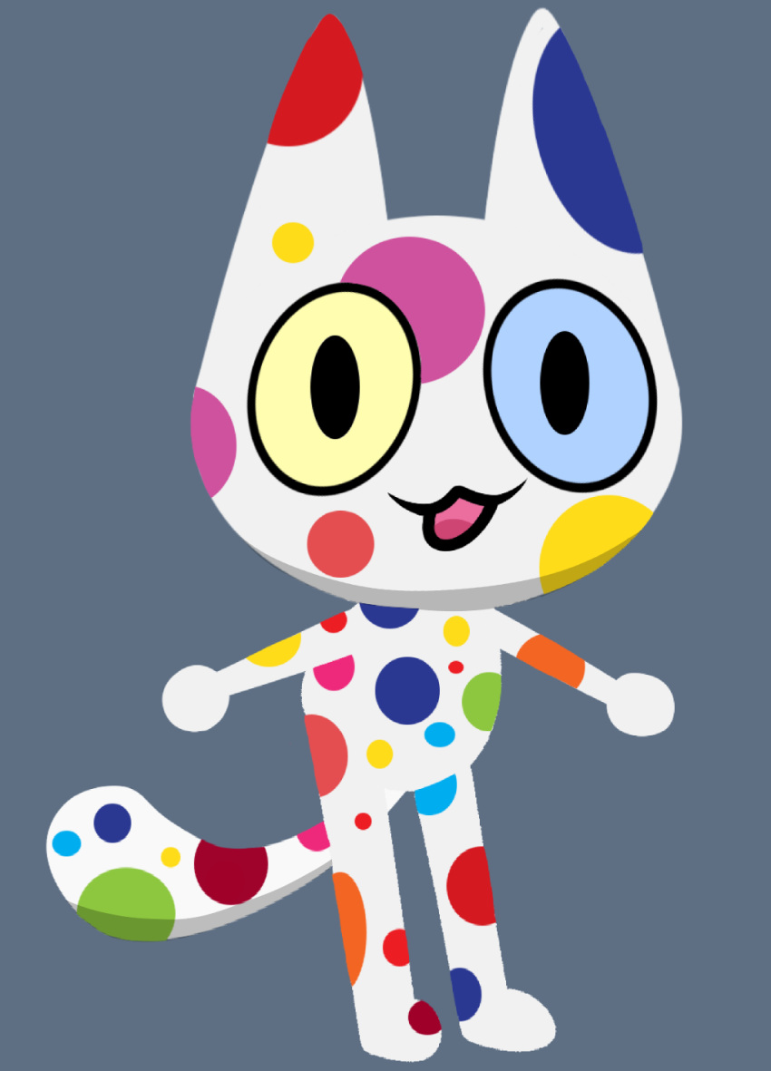 ambiguous_gender blue_sclera domestic_cat felid feline felis gooblie_2 grey_background heterochromia hi_res looking_at_viewer mammal multicolored_body open_mouth polka_dots portrait simple_background smile solo tail toony white_body yellow_sclera