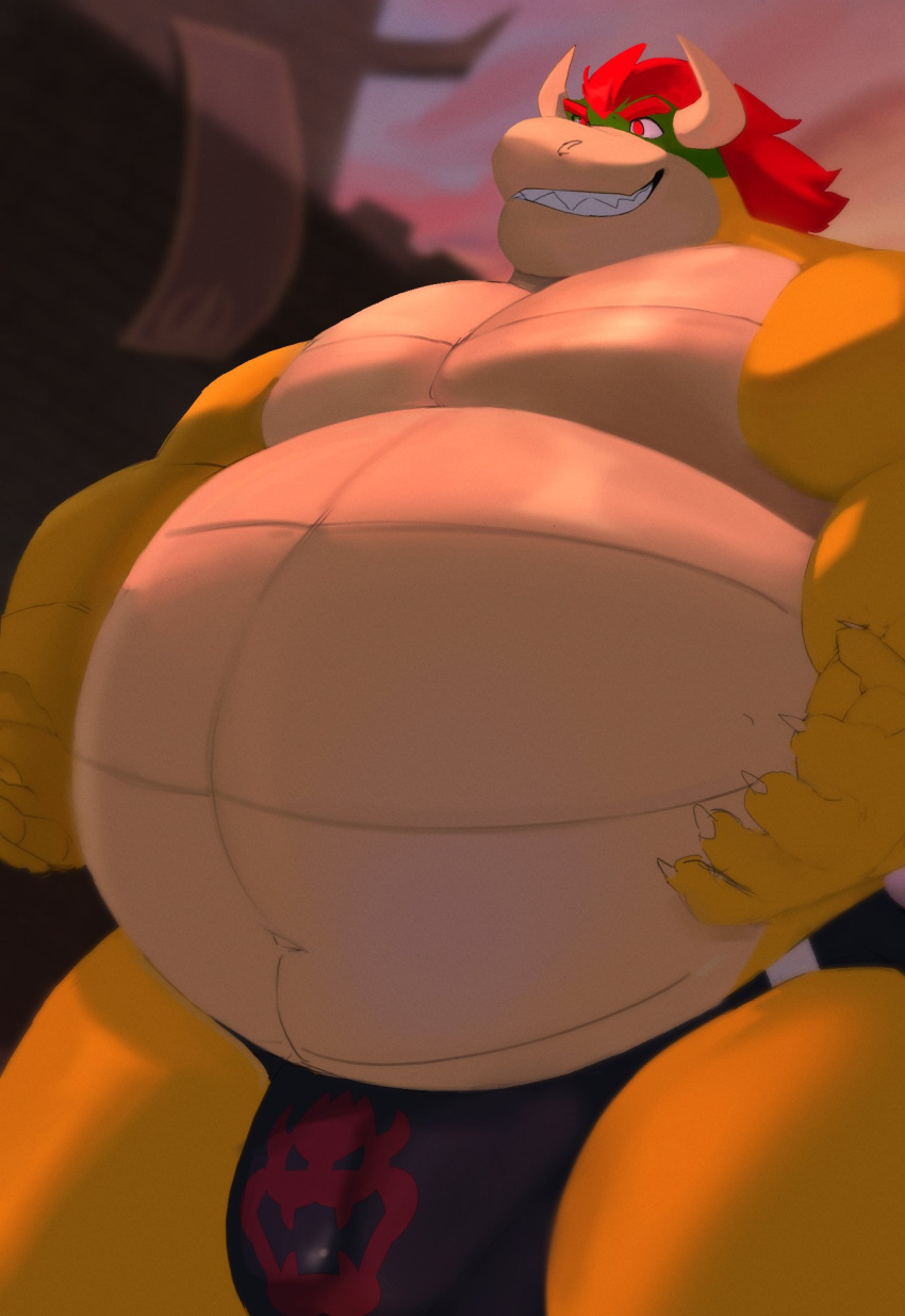 2023 anthro barazoku belly biceps big_belly bowser bulge clothed clothing cloud digital_media_(artwork) eyebrows hair hi_res horn koopa low-angle_view male mario_bros musclegut muscular muscular_anthro muscular_male navel nintendo overweight overweight_anthro overweight_male red_eyes red_hair scalie sky smile solo speedo speedo_only swimwear teeth thick_thighs tkckid topless