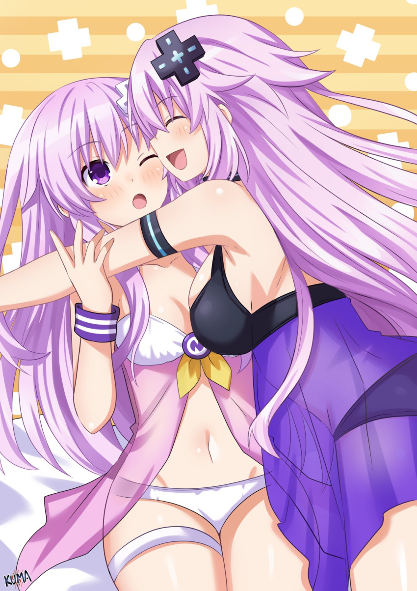 2girls blush breasts d-pad d-pad_hair_ornament hair_between_eyes hair_ornament highres lewdkuma light_purple_hair lingerie long_hair looking_at_another medium_breasts multiple_girls nepgear neptune_(series) open_mouth purple_eyes purple_hair underwear very_long_hair