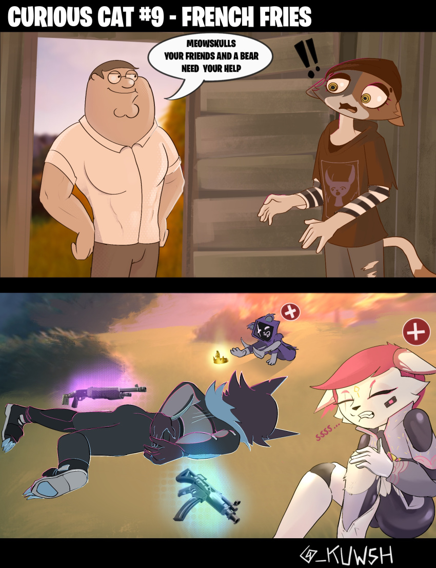 absurd_res anthro bear canid canine canis clothing comic_panel crown defeated detailed_background domestic_cat epic_games family_guy felid feline felis female fortnite fox fur glowing gun hair headgear hi_res human kimiko_five_tails kuwsh mammal meow_skulls_(fortnite) multicolored_body multicolored_fur pack_leader_highwire peter_griffin pink_hair ranged_weapon raven_team_leader scar shotgun submachine_gun surprised_expression torn_clothing weapon wolf wounded