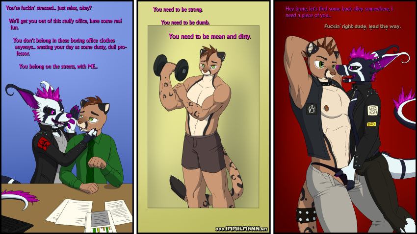 absurd_res anthro black_sclera cheron comic cougar crux duo ear_piercing english_text felid feline growth hi_res hypnosis immelmann male male/male mammal mind_control muscle_growth muscular piercing text