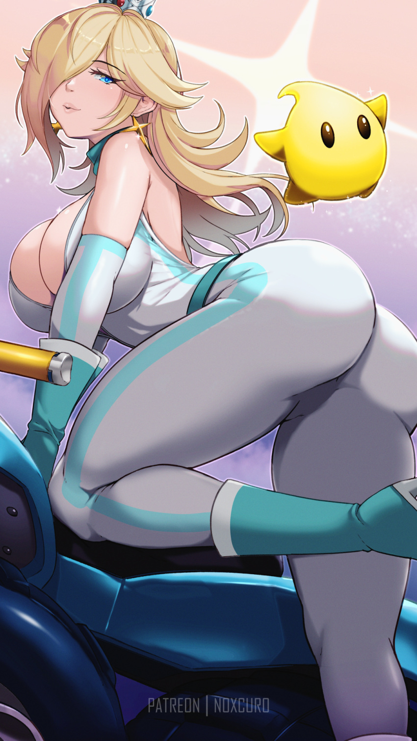 1girl artist_name ass bare_shoulders biker_clothes biker_rosalina bikesuit blonde_hair blue_eyes bodysuit boots breasts cleavage crown earrings gloves hair_over_one_eye high_heel_boots high_heels highres jewelry large_breasts leg_up long_hair looking_at_viewer luma_(mario) mario_(series) mario_kart motor_vehicle motorcycle noxcuro parted_lips rosalina star_(symbol) star_earrings thick_thighs thighs