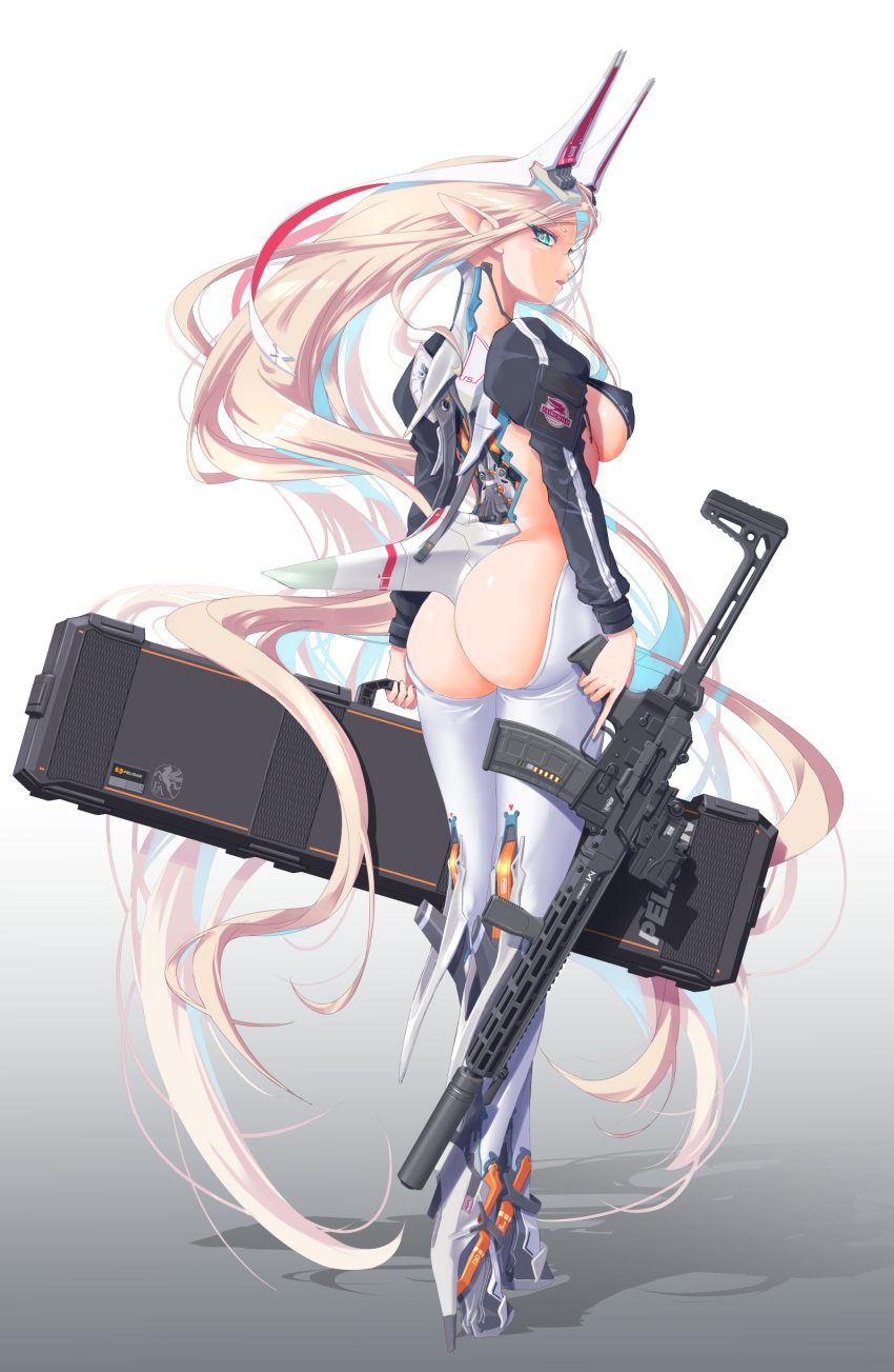 1girl absurdres ass assault_rifle assless_bodysuit back backless_outfit blonde_hair breasts elf gradient_background green_eyes gun high_heels highres holding holding_case holding_gun holding_weapon horns large_breasts long_hair long_sleeves looking_at_viewer looking_back mecha mecha_musume mechanical_horns nenchi original pointy_ears puffy_sleeves rifle robot shrug_(clothing) sideboob simple_background solo standing suppressor very_long_hair weapon weapon_case