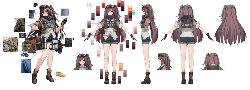 1girl absurdres bandaid bandaid_on_knee bandaid_on_leg belt_buckle black_shorts boots brown_hair buckle charm_(object) clipboard color_guide concept_art cropped_jacket dinergate_(girls'_frontline) expressionless full_body girls'_frontline girls'_frontline_2:_exilium gloves goggles goggles_on_head highres jacket long_hair mayling_shen_(girls'_frontline_2) mole mole_under_eye multiple_views official_art one_side_up orange_eyes orange_socks pliers reference_sheet shirt shorts simple_background sleeves_rolled_up socks standing thermos toolbox tools turnaround very_long_hair wanzi_chi_baozi white_background white_shirt