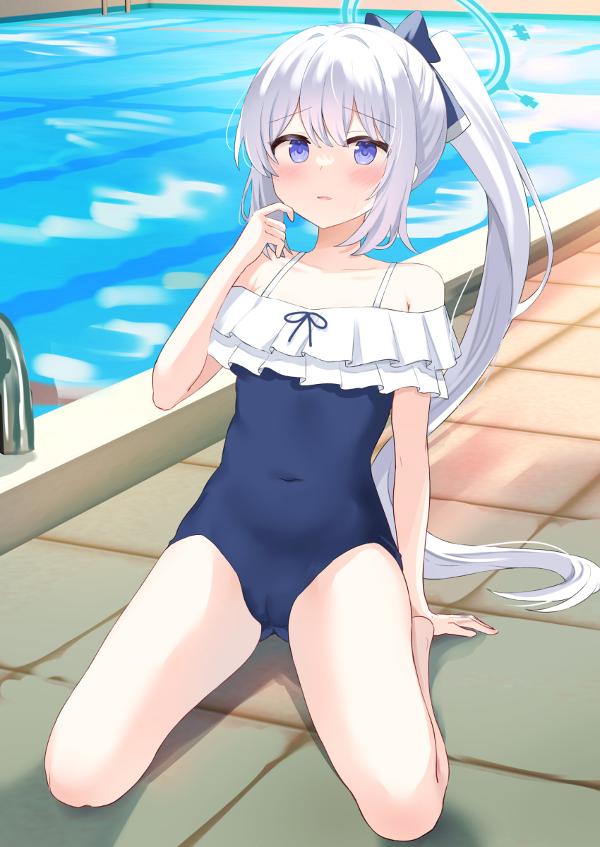 1girl animal_ears arm_support bare_legs bare_shoulders blue_archive blue_halo blue_one-piece_swimsuit blush chiune_(yachi) collarbone fake_animal_ears frilled_one-piece_swimsuit frills grey_hair halo highres long_hair miyako_(blue_archive) miyako_(swimsuit)_(blue_archive) one-piece_swimsuit open_mouth ponytail pool purple_eyes rabbit_ears solo swimsuit water