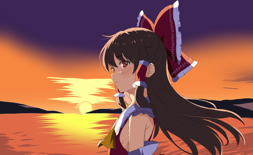 1girl afterglow ascot bow breasts brown_hair closed_mouth detached_sleeves evening frilled_bow frills hair_bow hair_tubes hakurei_reimu highres light_blush long_hair looking_to_the_side red_bow red_eyes red_shirt ribbon_trim setsugetsuka436 shirt sideboob solo sun sunset touhou yellow_ascot