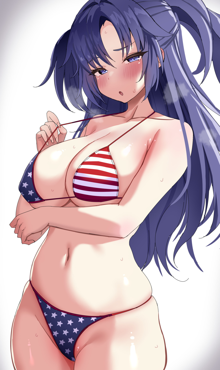 1girl absurdres american_flag american_flag_bikini american_flag_print ariso_kaoru arms_under_breasts bare_shoulders bikini blue_archive blush breasts breath collarbone flag_print highres large_breasts long_hair looking_at_viewer navel parted_bangs purple_eyes purple_hair skindentation solo sweat swimsuit two_side_up underboob white_background yuuka_(blue_archive)