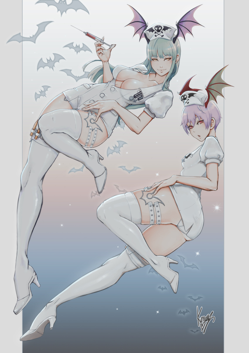 absurdres animal artist_name ass bat_(animal) boots breasts buttons cleavage closed_mouth collarbone commentary dress fingernails full_body gradient_background grey_hair hat head_wings high_heels highres holding kumanz leg_up lilith_aensland lips long_hair looking_at_viewer medium_breasts morrigan_aensland multiple_girls nurse nurse_cap open_mouth panties puffy_short_sleeves puffy_sleeves purple_hair red_eyes short_dress short_hair short_sleeves signature simple_background skull_print small_breasts smile syringe thigh_boots thigh_strap thighs underwear vampire_(game) wings yellow_eyes