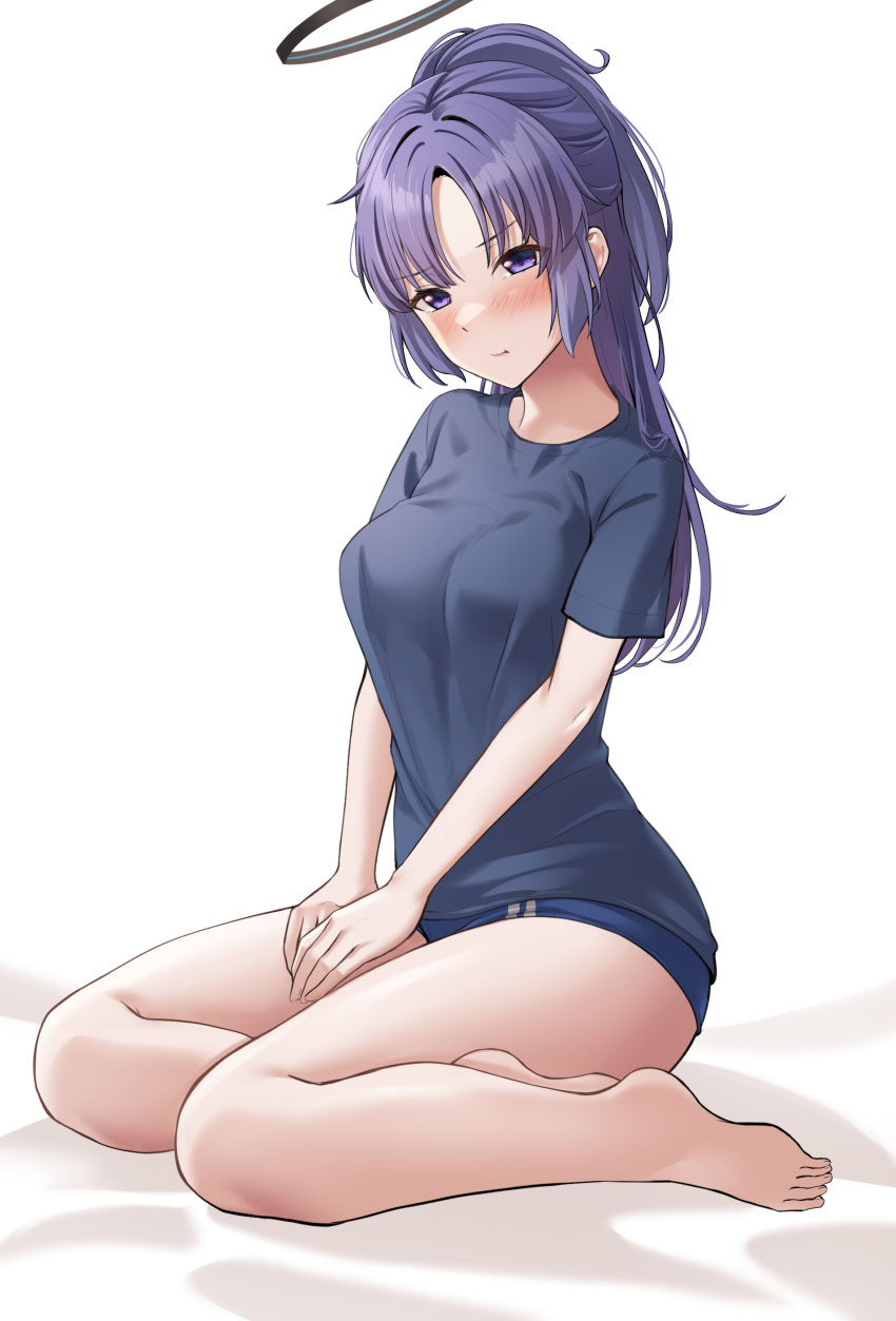 1girl :t absurdres bare_legs barefoot bed_sheet blue_archive blue_buruma blue_shirt blush breasts buruma closed_mouth commentary_request full_body gym_uniform halo hand_on_lap head_tilt high_ponytail highres long_hair looking_at_viewer mechanical_halo medium_breasts official_alternate_costume own_hands_together ponytail pout ptal purple_eyes purple_hair shirt short_sleeves simple_background sitting solo white_background yokozuwari yuuka_(blue_archive) yuuka_(track)_(blue_archive)